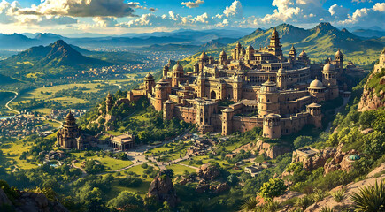 panoramic landscape view of a huge ancient castle on the hill, anime style
