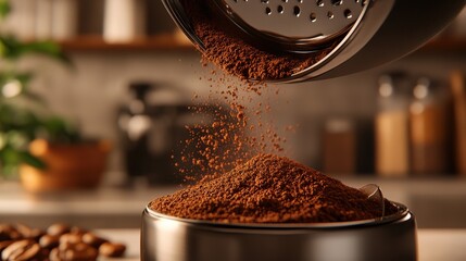 Freshly ground coffee cascading into a portafilter, capturing the essence of artisanal brewing.