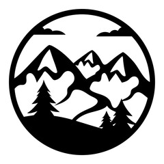 Majestic Mountain Landscape in a Circular Frame A Black and White Illustration of a Serene Nature Scene