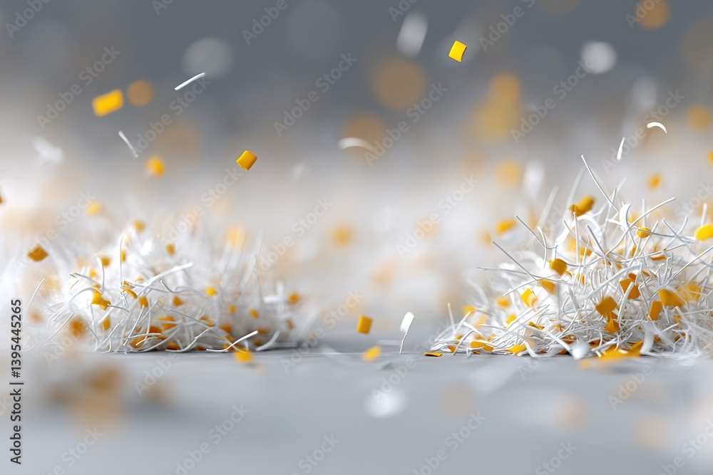 Poster colorful particles and fibers mix on a gray surface creating a vibrant texture around midday light