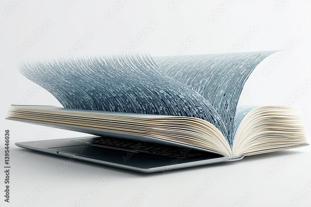 Poster conceptual representation of digital transformation in reading with a book emerging from a laptop