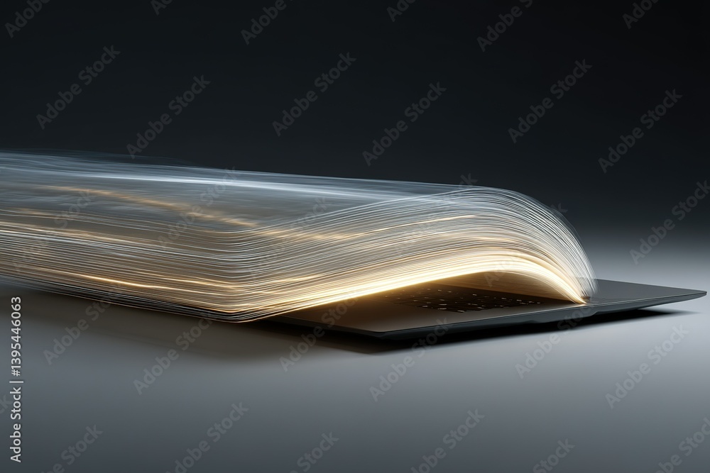 Poster innovation in digital storytelling is showcased through a glowing e-book design with flowing light e
