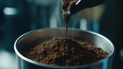 Freshly ground coffee cascading into a portafilter, capturing the essence of artisanal brewing.