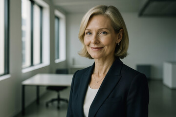 Elegant Middle-Aged Businesswoman in Minimalist Office, Smile and Elegance in Focus for Business Success Story