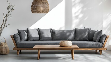 Minimalist living room with gray sofa, wooden coffee table, and rattan lamp, embodying modern simplicity and natural elegance.
