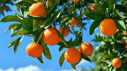 A bright orange tree filled with fruit against a blue sky and green leaves.