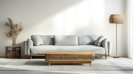 Minimalist living room with gray sofa, wooden coffee table, and rattan lamp, embodying modern simplicity and natural elegance.
