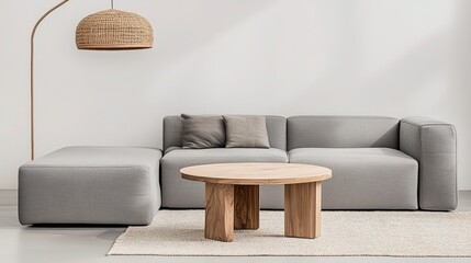 Minimalist living room with gray sofa, wooden coffee table, and rattan lamp, embodying modern simplicity and natural elegance.
