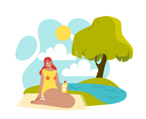 Woman applying sunscreen outdoors. Vector illustration