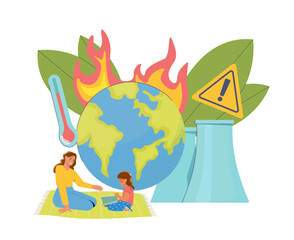 Global warming threat with family scene. Vector illustration