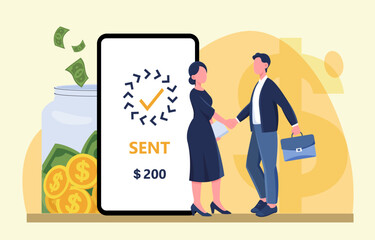 Mobile money transfer handshake deal. Vector illustration