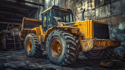 Yellow construction vehicle with large tires parked inside a dark industrial building.