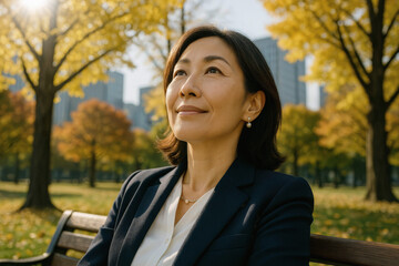 Happy Middle-Aged Businesswoman with Eastern Origins, Daydreaming in Tranquil Urban Park for Focused Productivity