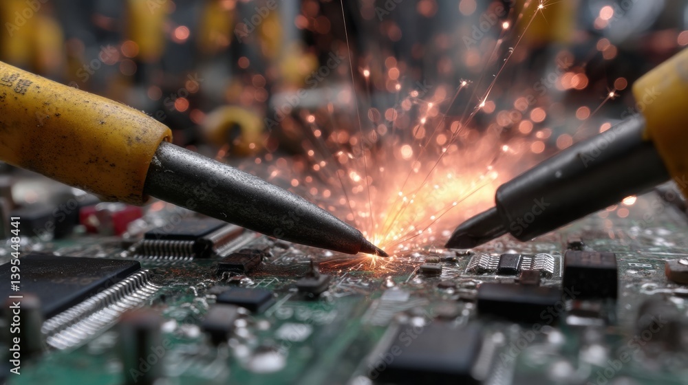 Poster close-up of soldering tools creating sparks on a circuit board.