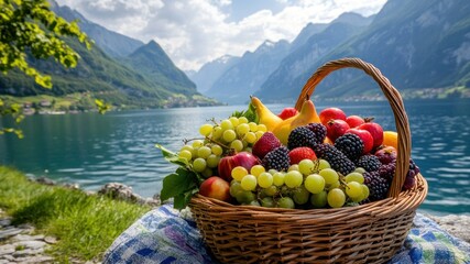 Fruit basket at a scenic lake with mountains. Healthy eating and outdoor life.