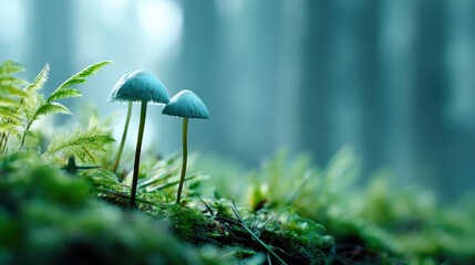 Fototapeta premium Mushrooms growing amidst lush green foliage in a forest.