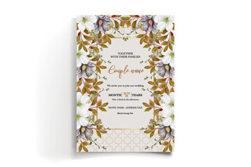 WEDDING INVITATION FRAME WITH FLOWER DECORATIONS AND FRESH LEAVES