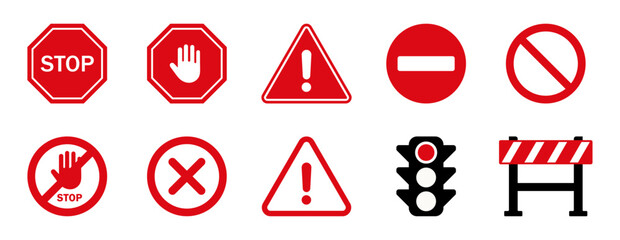 Set of red warning and prohibition signs. Includes stop, hand, danger, no entry, traffic light, and barrier icons. Flat vector style for safety, traffic, construction, or alert use. icons, vector.