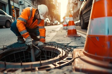Worker over the open sewer hatch on a street near the traffic cones