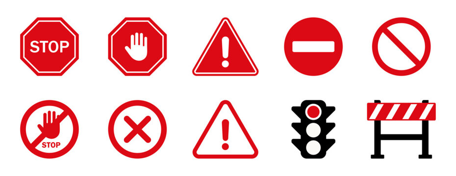 Set of red warning and prohibition signs. Includes stop, hand, danger, no entry, traffic light, and barrier icons. Flat vector style for safety, traffic, construction, or alert use. icons, vector.