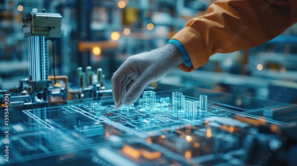 Leinwandbilder worker's gloved hand interacts with a futuristic transparent digital interface displaying a factory'