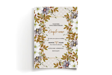 WEDDING INVITATION FRAME WITH FLOWER DECORATIONS AND FRESH LEAVES