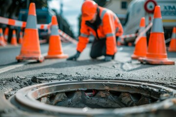 Fototapeta premium Worker over the open sewer hatch on a street near the traffic cones