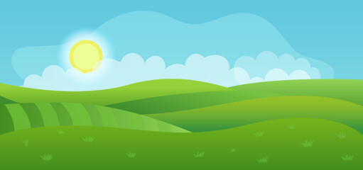 Colorful cartoon-style illustration of a sunny landscape with green rolling hills, blue sky, bright sun, and fluffy clouds. Ideal for backgrounds, children’s themes, or nature visuals