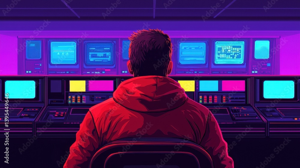 Poster a person in a red hoodie sits in front of multiple screens displaying colorful graphics in a dimly l