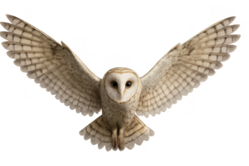 Majestic Barn Owl in Flight with Outstretched Wings Against White Background