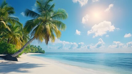 Tropical beach with palm trees and clear blue sky  long title Scenic view of a tropical beach with swaying palm trees turquoise ocean and a clear