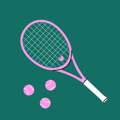 Tennis racket and balls. Sport equipment. Flat vector illustration of a pink tennis racket and balls with heart detail. Minimal and modern design for sport, fitness, tennis-themed content.