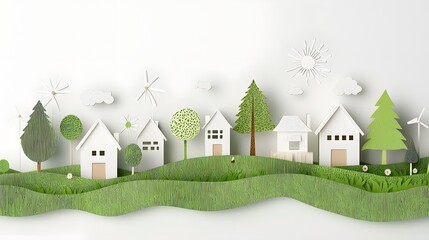 Quaint paper cut village nestled among rolling hills powered by renewable wind and solar energy sources in a contemporary eco friendly layout