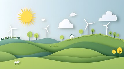 A serene and sustainable landscape featuring rolling green hills wind turbines harnessing renewable energy and a vibrant sun shining in a minimalist layered paper cut style