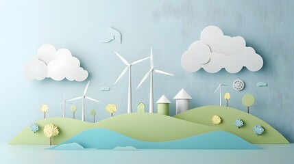 A serene futuristic landscape featuring a wind farm situated on rolling hills overlooking the ocean all created using delicate paper cut layers and shapes