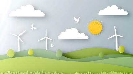 A scenic landscape with wind turbines dotting the rolling green hills set against a backdrop of fluffy white clouds and soaring birds all rendered in a stylized paper cut design
