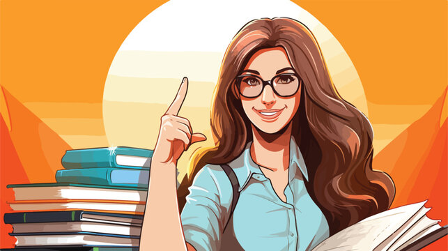 Smart Schoolgirl with Books and Raised Index Finger on Color Background - Educational Concept