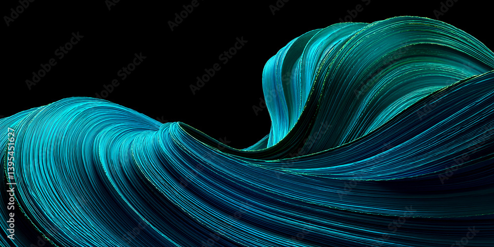 Poster abstract teal waves flowing on black background, creating dynamic, elegant design suitable for websi