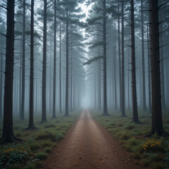 Obraz premium Misty forest path leading into a tranquil fog-covered landscape