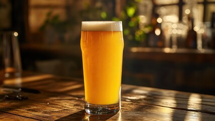 A tall glass of golden beer sits on a weathered wooden bar top.