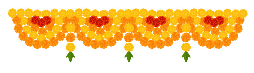 Yellow orange marigold flowers border. Indian traditional floral festive garland toran. Zendu flowers isolated on background Party decor for Halloween, Dia de los Muertos holiday. Vector illustration © tabitazn
