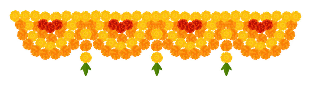 Yellow orange marigold flowers border. Indian traditional floral festive garland toran. Zendu flowers isolated on background Party decor for Halloween, Dia de los Muertos holiday. Vector illustration