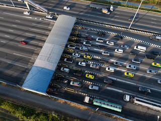 Aerial view gate for expressway fee payment in the city.