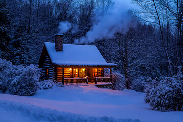 Winter cabin scene: cozy log home in snowy woods at night with warm light and chimney smoke view 