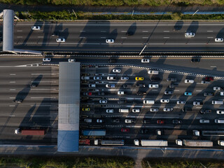 Aerial view gate for expressway fee payment in the city.