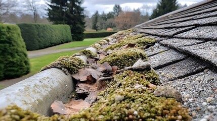 Moss and Leaves Clogged Gutter on House Roof