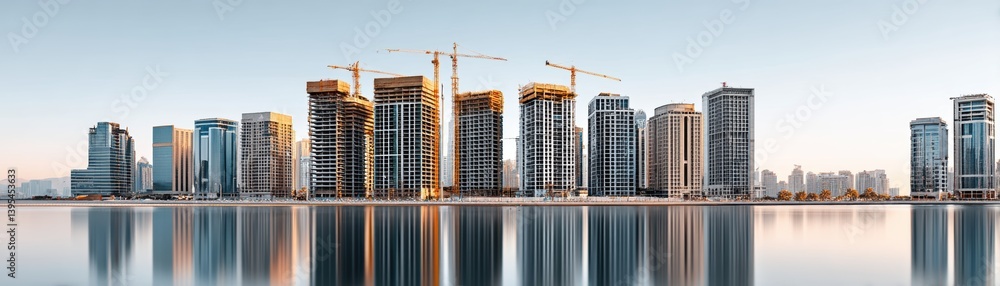 Poster panoramic view of city skyline with multiple buildings under construction amidst completed structure