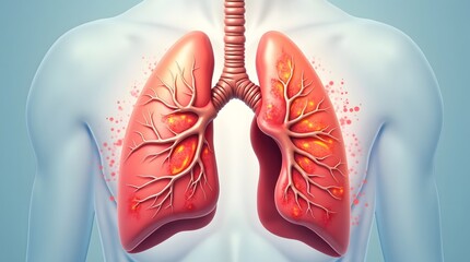 A highly detailed, realistic 3D render of human lungs severely affected by chronic obstructive pulmonary disease