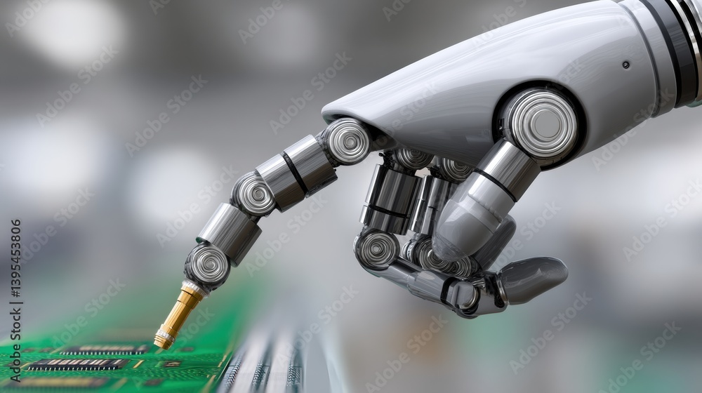 Poster robotic hand interacting with circuit board technology.