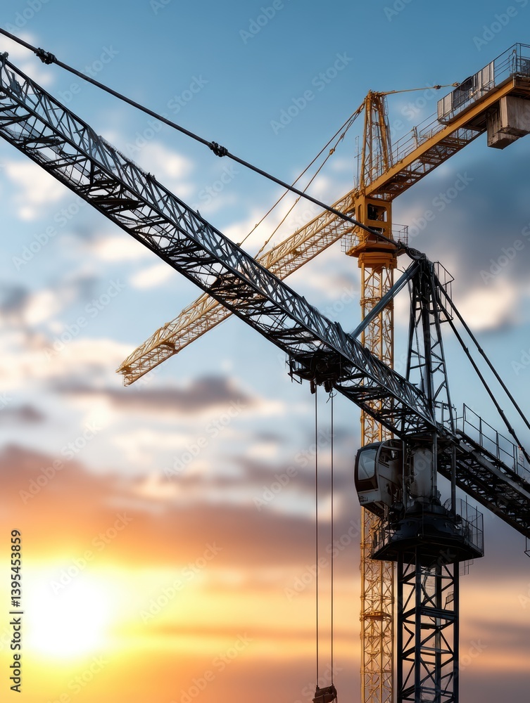 Poster several cranes working on a large-scale construction project at sunset - architecture dusk progress 